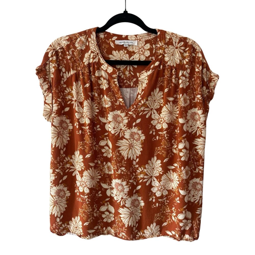 Rose + Olive Women’s Large Floral Boho Blouse Rust Orange Cream Short Sleeve Top